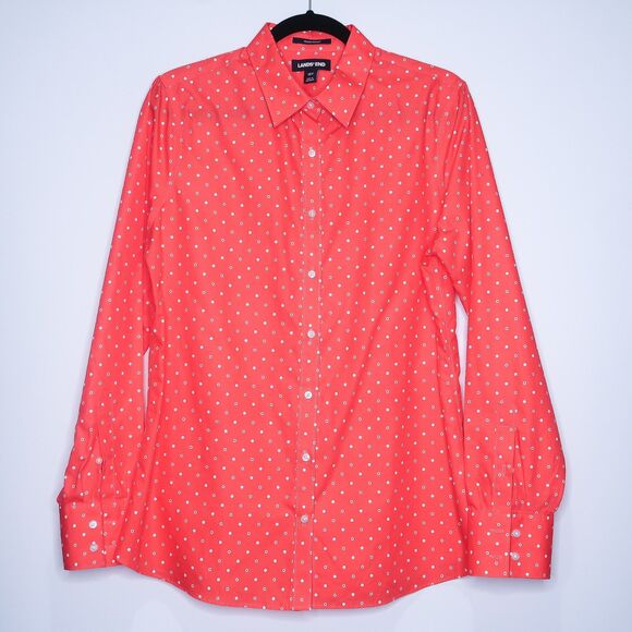 Lands' End Womens Supima Cotton Button Up Size 12T Coral White Polka Dots - Picture 1 of 7
